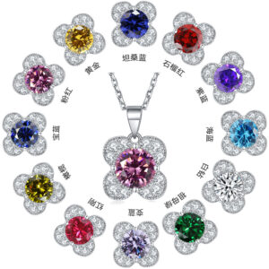 Sterling silver zircon colored gemstone emerald euro pendant aquamarine clover 925 silver necklace female niche wholesale ins