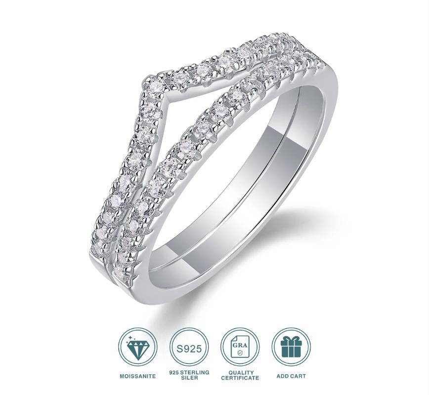 925 Sterling Silver Moissanite Ring 2 Piece Stackable Wedding Engagement Ring with Certificate - Image 7
