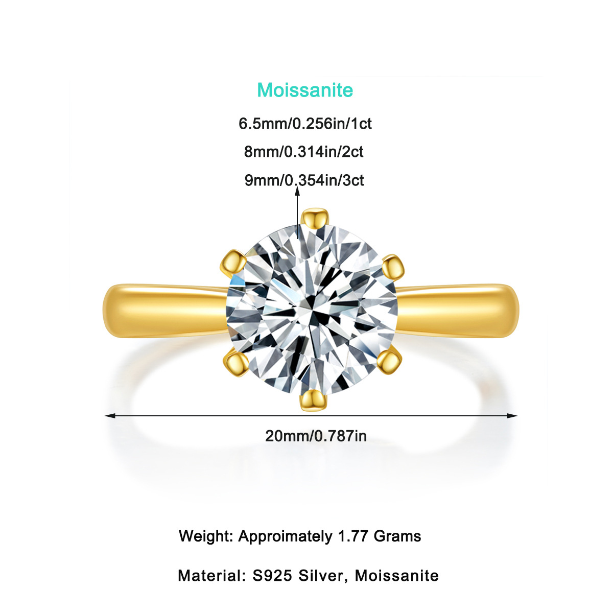 Six-claw ring S925 silver 18K gold plated Moissanite Diamond Ring - Image 5