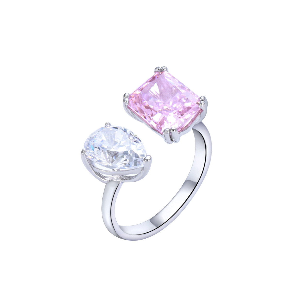 925 sterling silver pink square teardrop-shaped zircon inlaid open adjustable ring