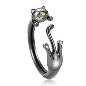 S925 sterling silver black cat ring open cute ring