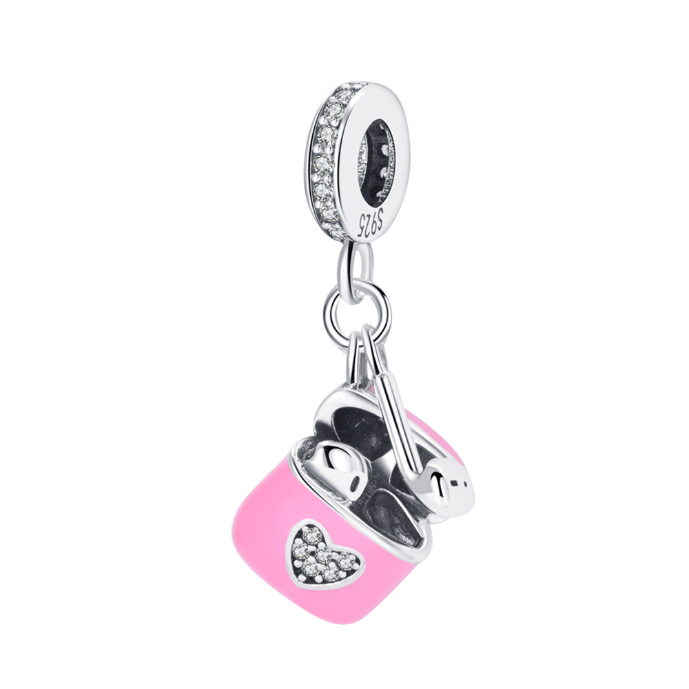 S925 sterling silver beaded DIY pendant pink headphones