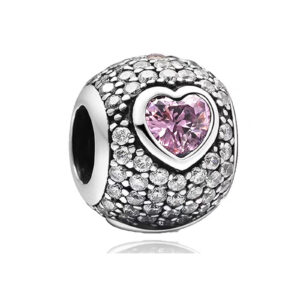 S925 sterling silver beaded DIY pendant beads inlaid with pink hearts