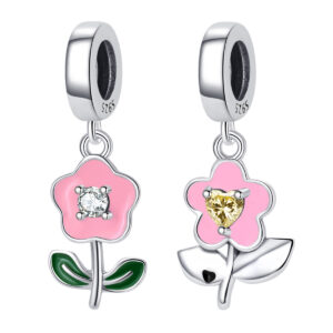 S925 Sterling Silver Beaded DIY Pendant Pink Flowers