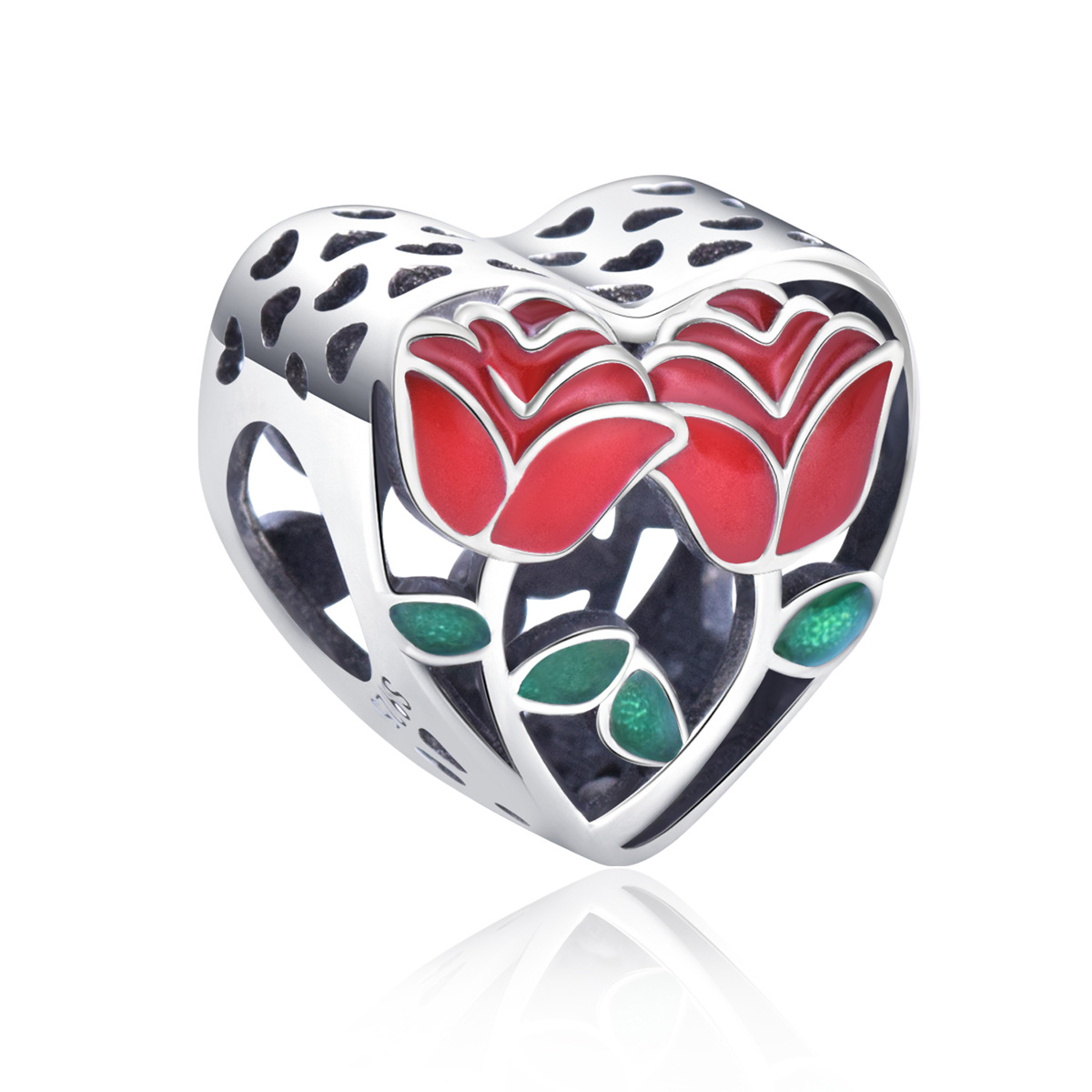 S925 sterling silver beaded DIY pendant red roses