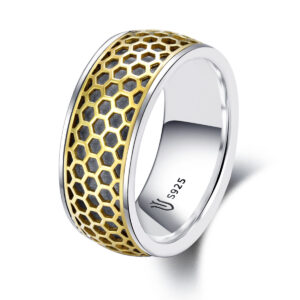 S925 sterling silver couple ring honeycomb pattern gold craft unisex