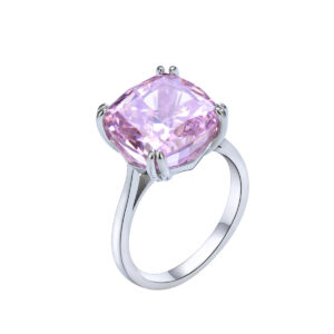 S925 Sterling Silver Female Ring Square Four Prongs Pink Zircon Ring