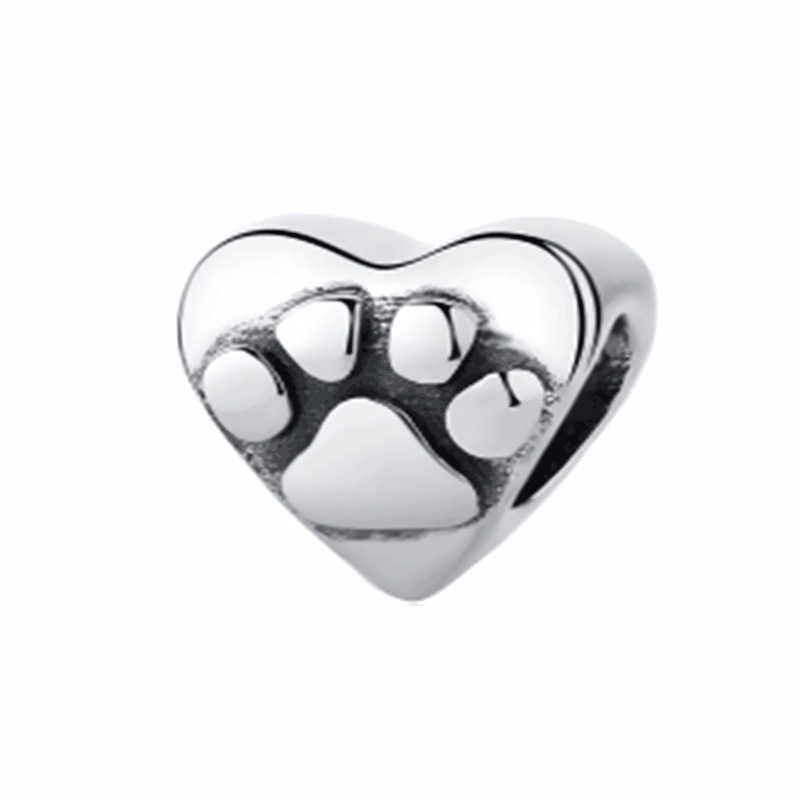 S925 sterling silver bead DIY pendant with heart-shaped paw print