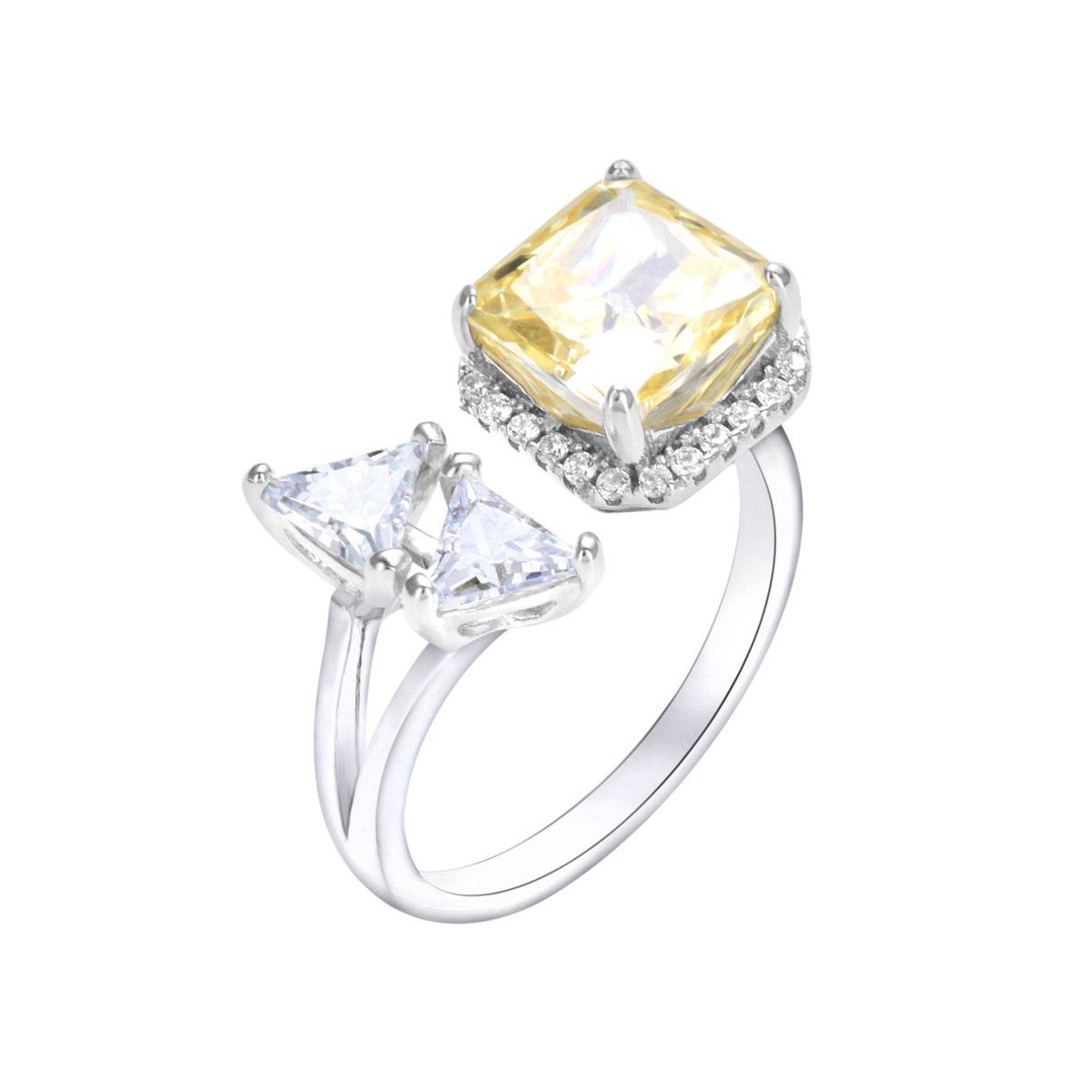 925 silver exaggerated index finger ring fashionable double triangle square yellow zircon ring