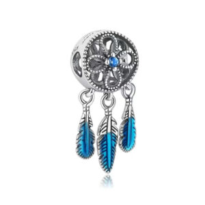 S925 sterling silver bead DIY pendant with blue feathers