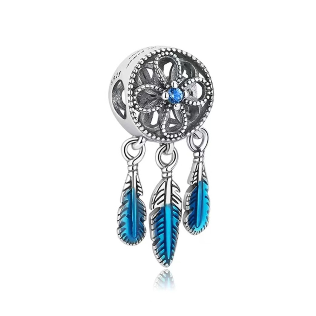 S925 sterling silver bead DIY pendant with blue feathers