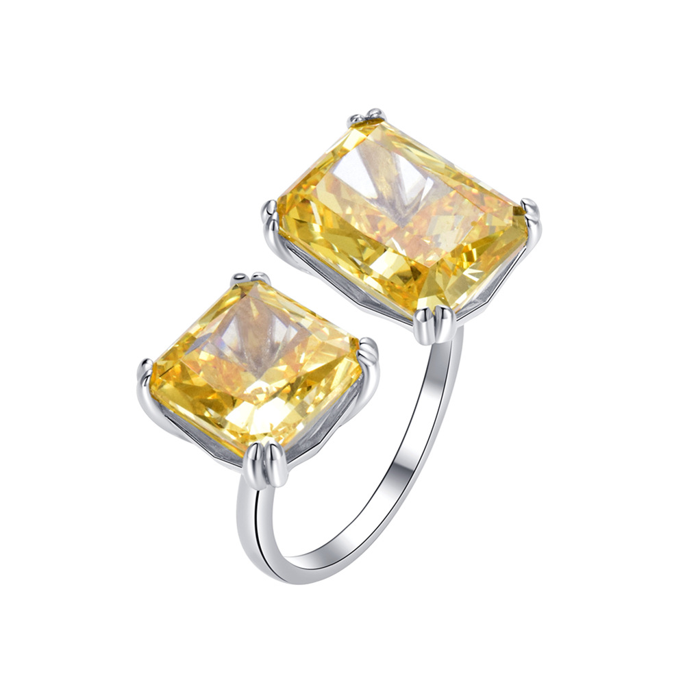 Simple yellow square zircon ring S925 silver open adjustable ring