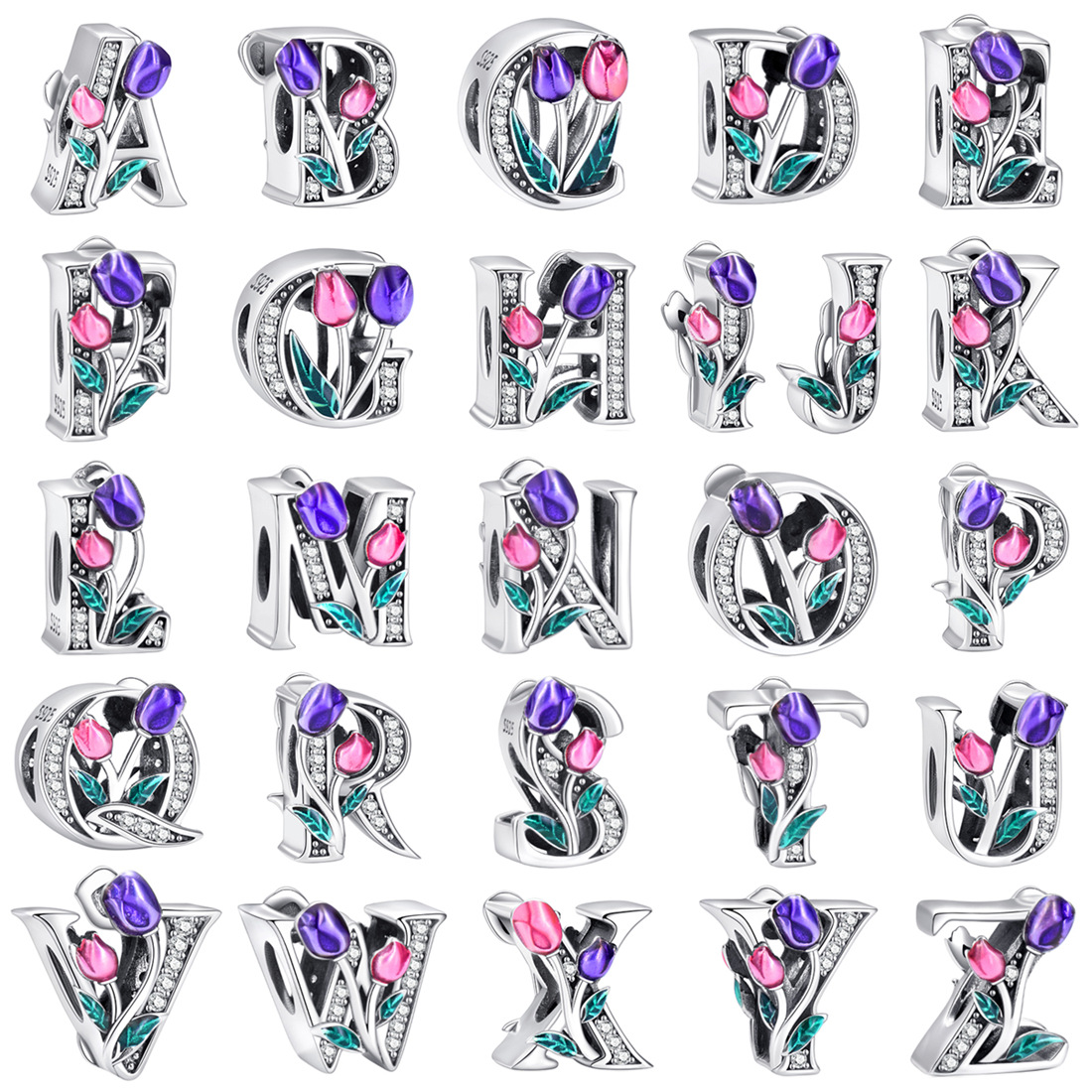 S925 sterling silver DIY beaded pendant tulip 26 letters in english