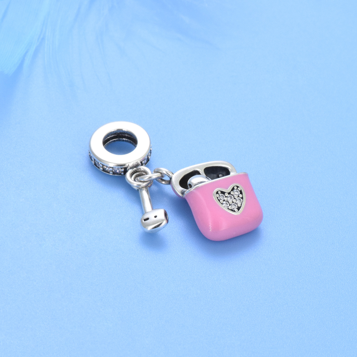 S925 sterling silver beaded DIY pendant pink headphones - Image 2