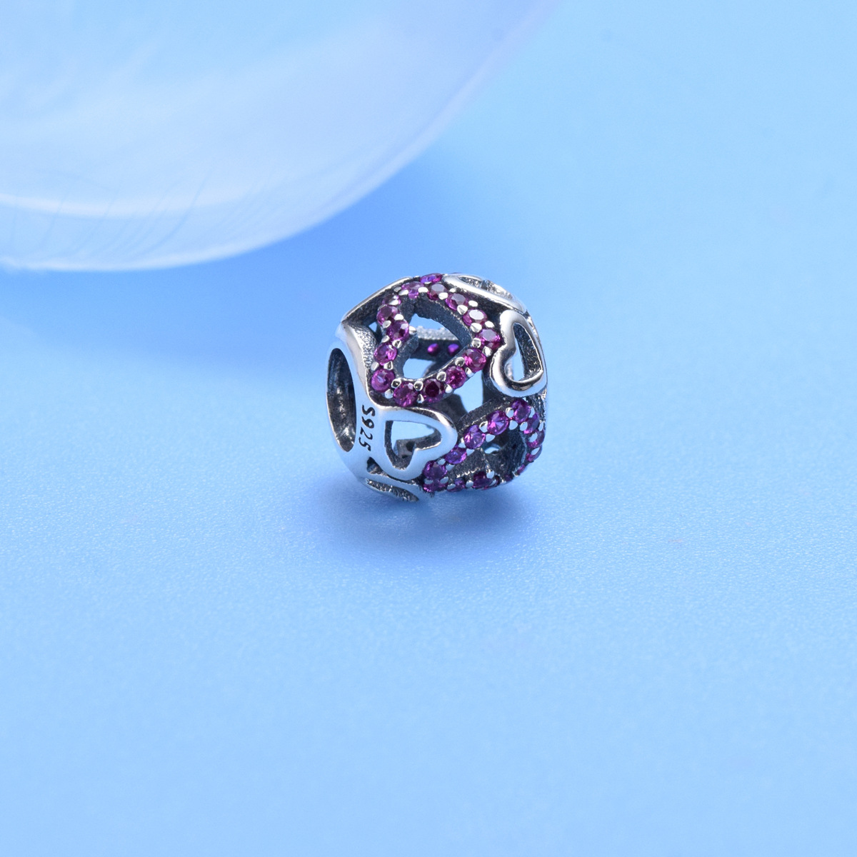 S925 sterling silver beaded DIY pendant hollow purple heart - Image 2