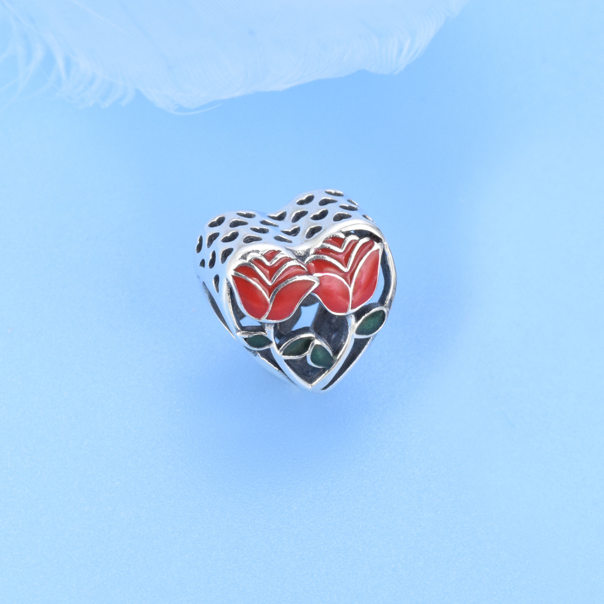 S925 sterling silver beaded DIY pendant red roses - Image 2