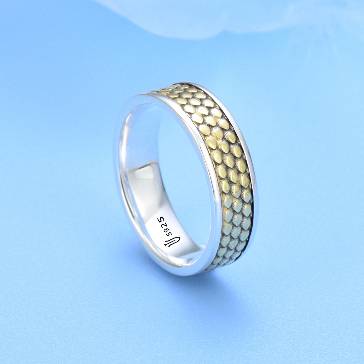 S925 sterling silver couple ring dragon scale pattern gold craft unisex - Image 2