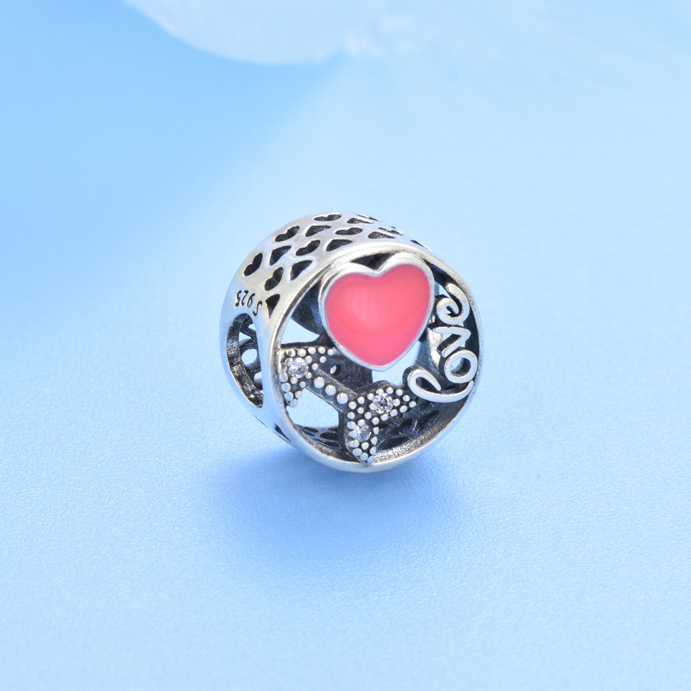 S925 sterling silver beaded DIY pendant hollow heart - Image 2