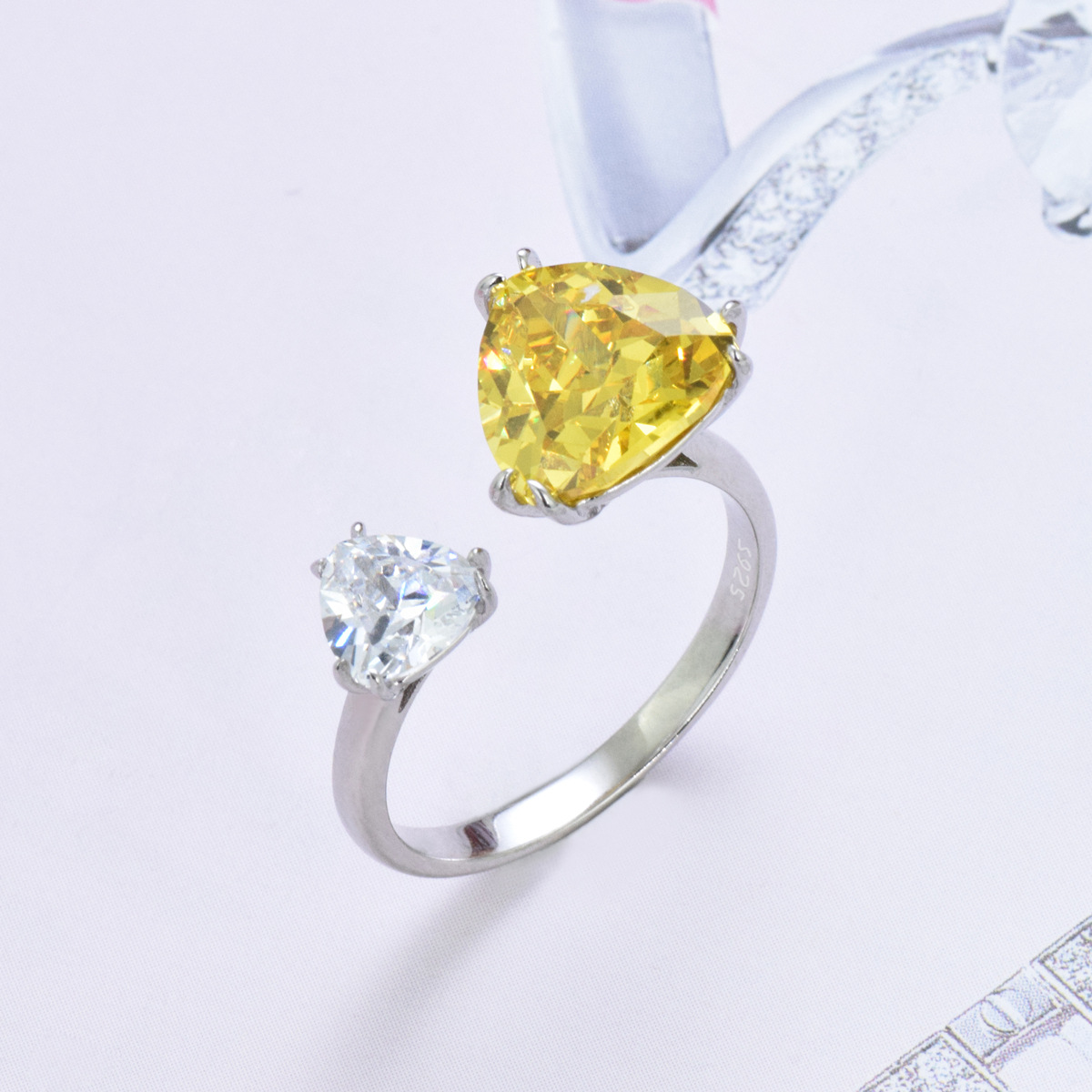 S925 sterling silver yellow ice flower cut zircon triangle ring adjustable - Image 5