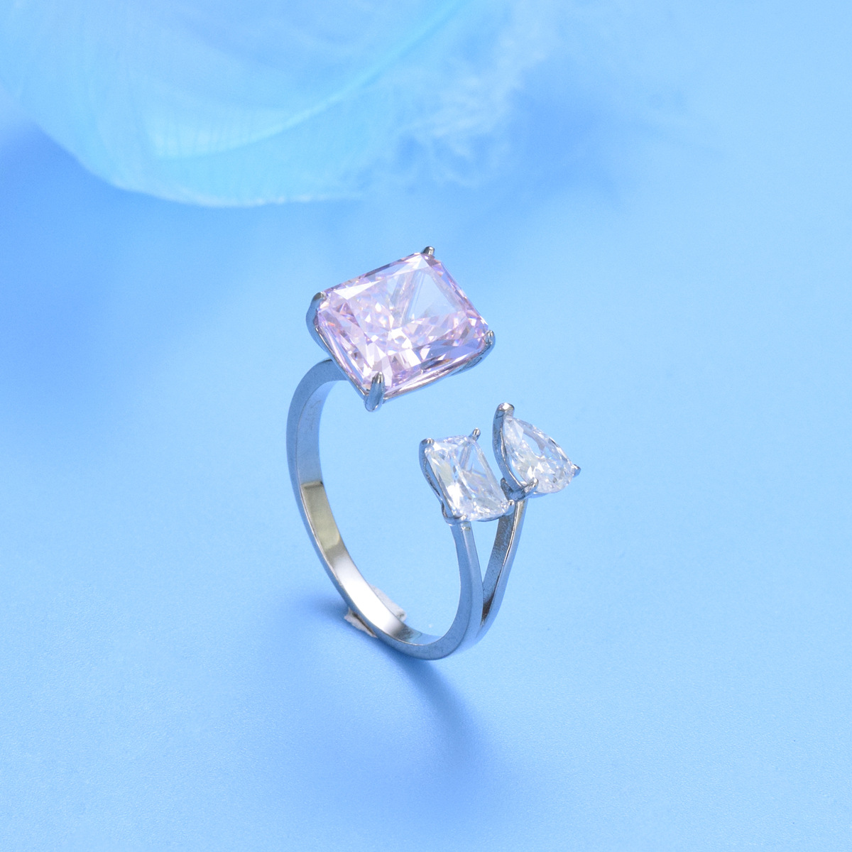 S925 silver pink square zircon ring fashion ring - Image 2
