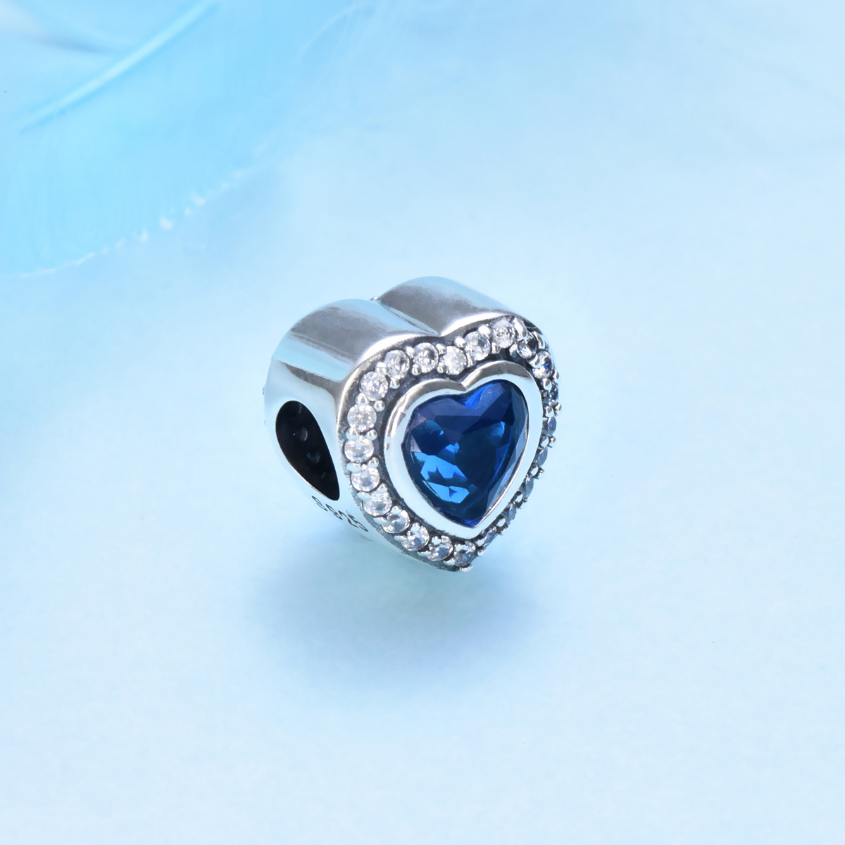 S925 sterling silver bead DIY pendant with blue heart - Image 2