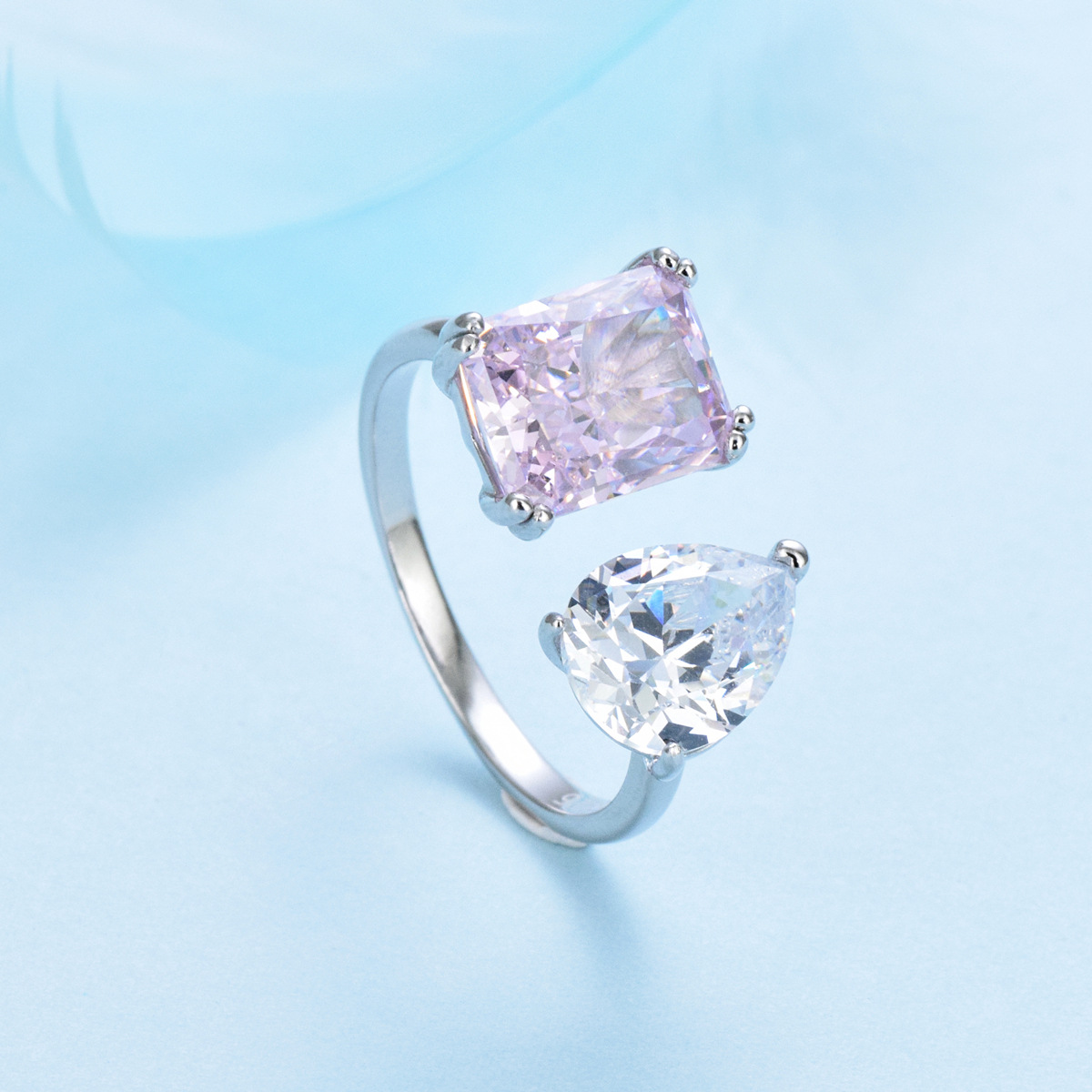 925 sterling silver pink square teardrop-shaped zircon inlaid open adjustable ring - Image 2