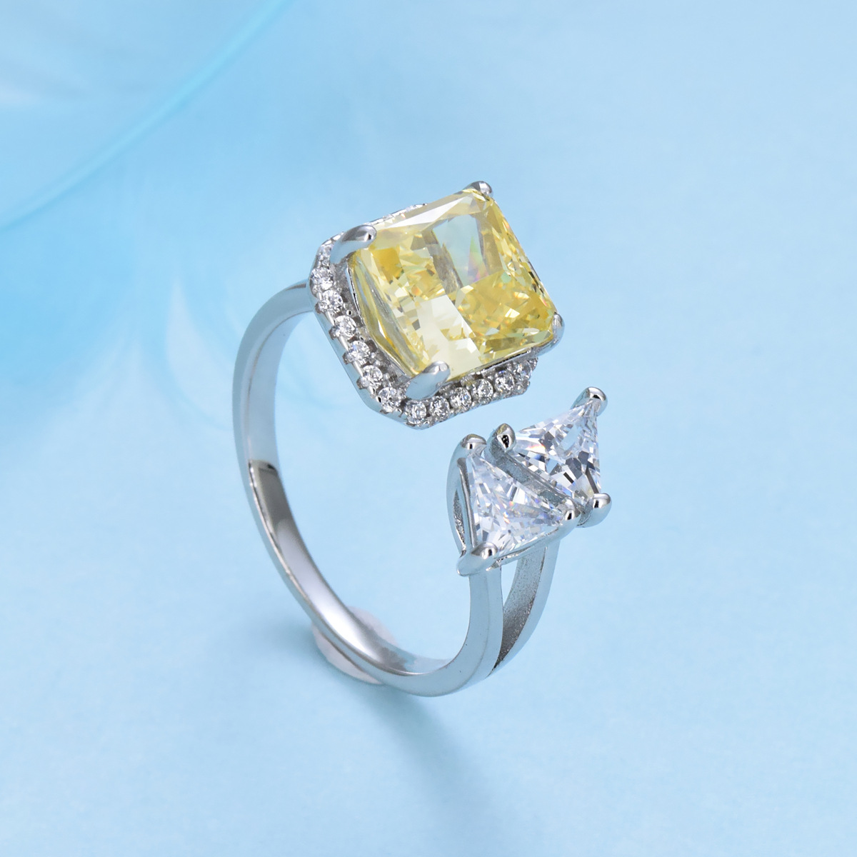 925 silver exaggerated index finger ring fashionable double triangle square yellow zircon ring - Image 2