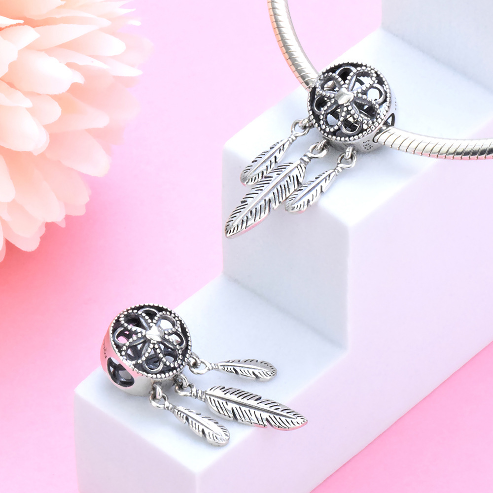 S925 sterling silver bead DIY pendant feather - Image 2