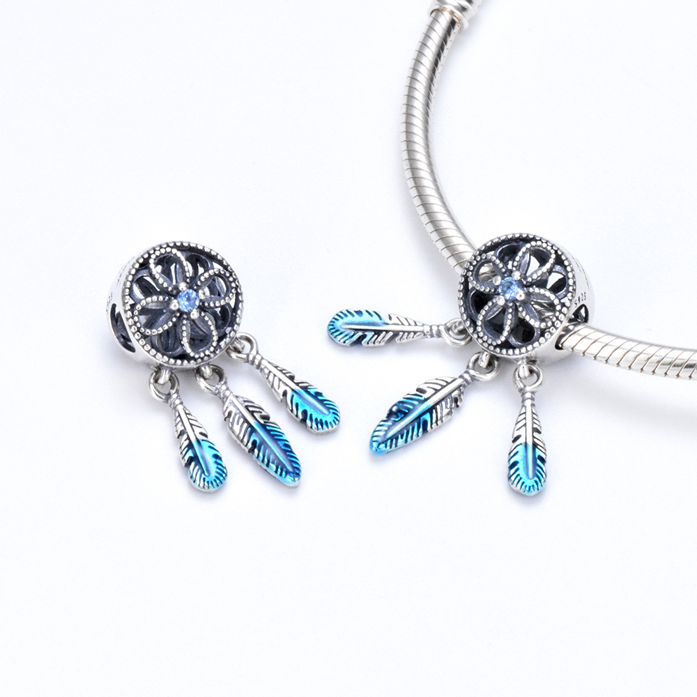 S925 sterling silver bead DIY pendant with blue feathers - Image 2