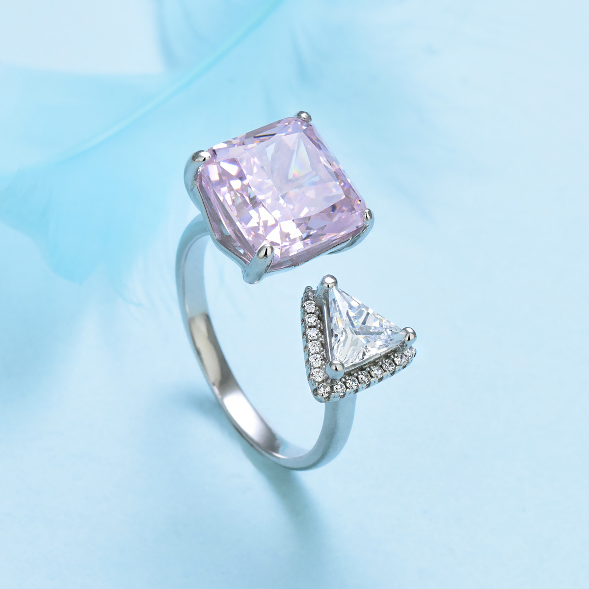 S925 sterling silver female ring set with square pink silver zircon - Image 2