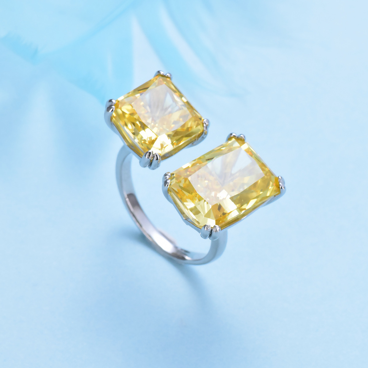 Simple yellow square zircon ring S925 silver open adjustable ring - Image 2