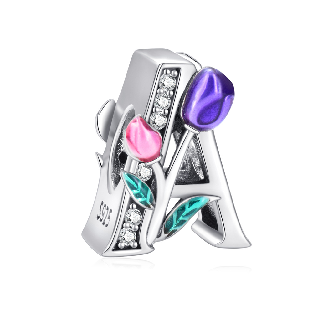 S925 sterling silver DIY beaded pendant tulip 26 letters in english - Image 2