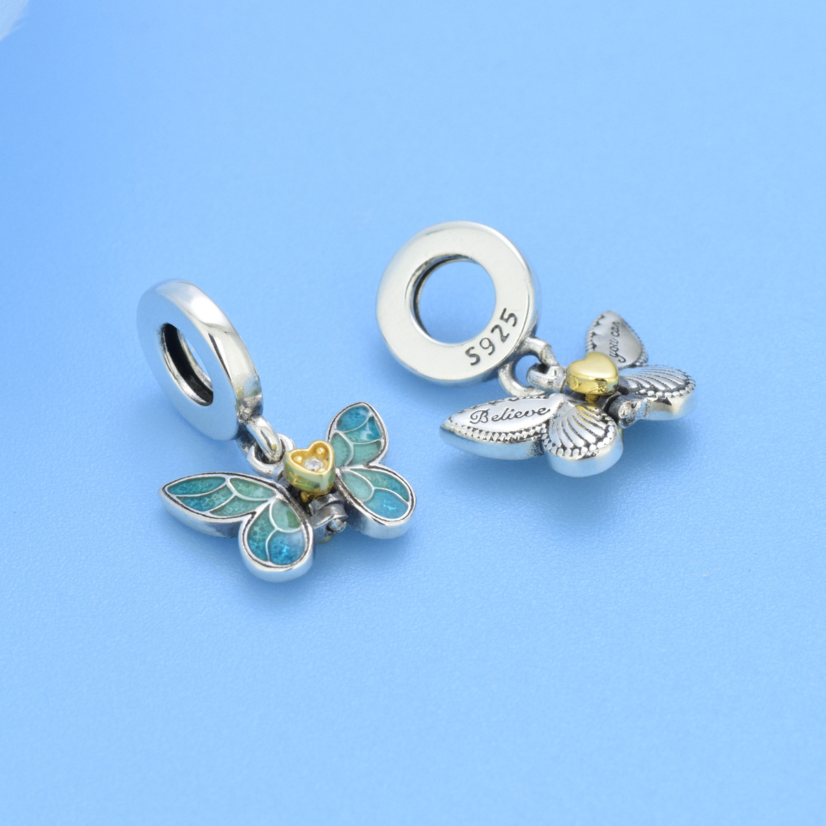 S925 Sterling Silver Beaded DIY Pendant Blue Butterfly - Image 3