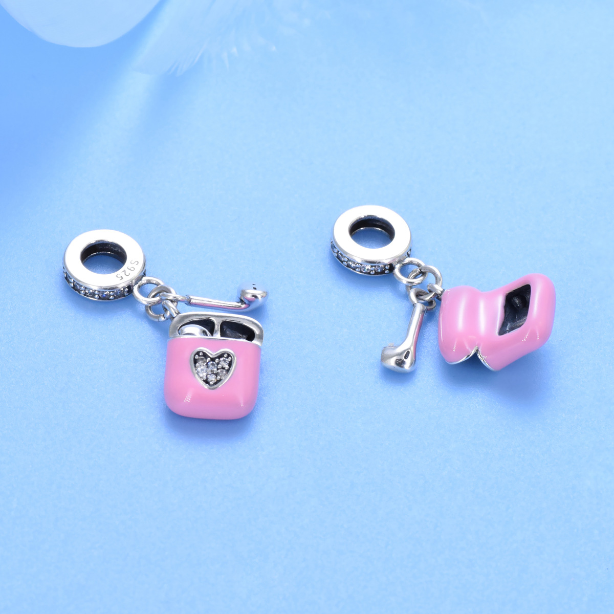 S925 sterling silver beaded DIY pendant pink headphones - Image 3