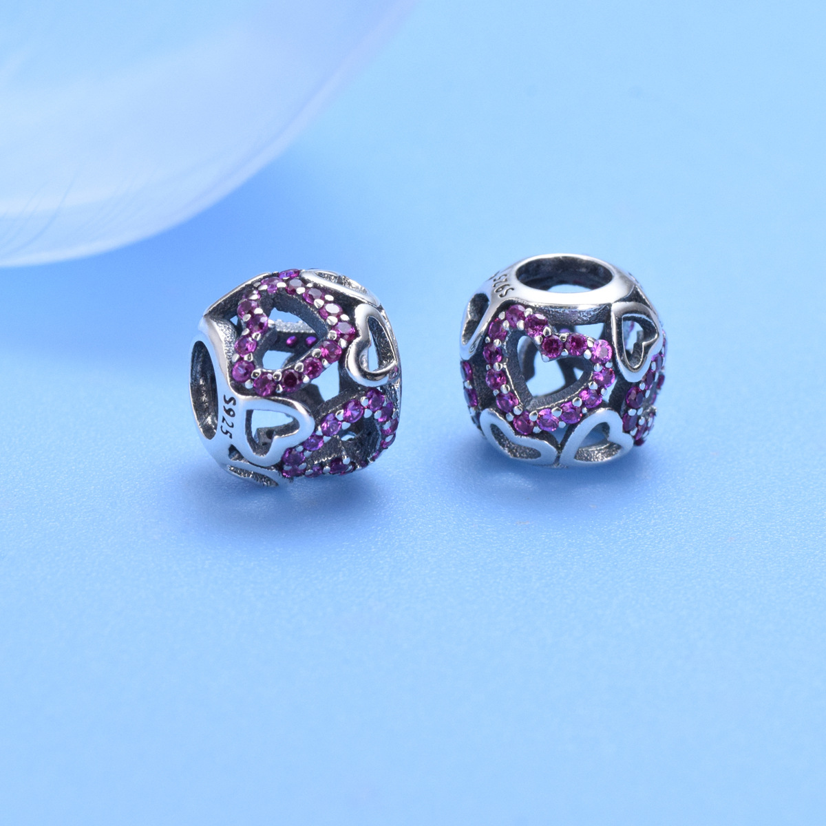 S925 sterling silver beaded DIY pendant hollow purple heart - Image 3