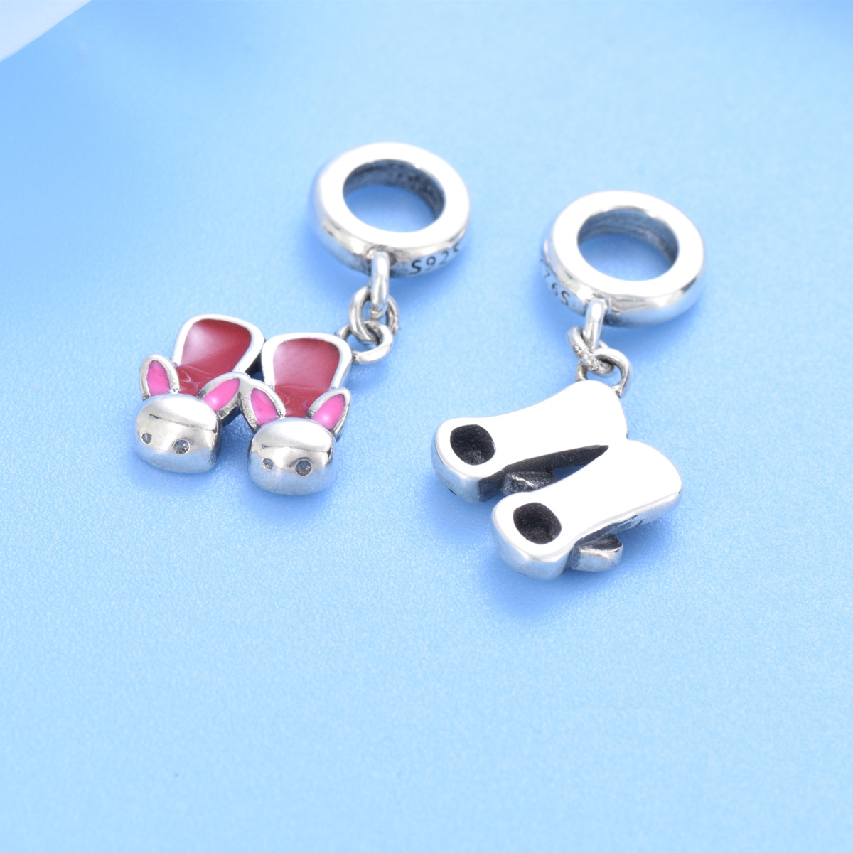 S925 Sterling Silver Beaded DIY Pendant Bunny Slippers - Image 3