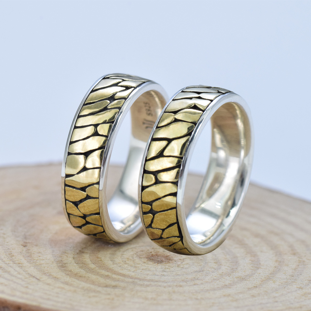 S925 sterling silver couple ring crack pattern gold craft unisex - Image 3