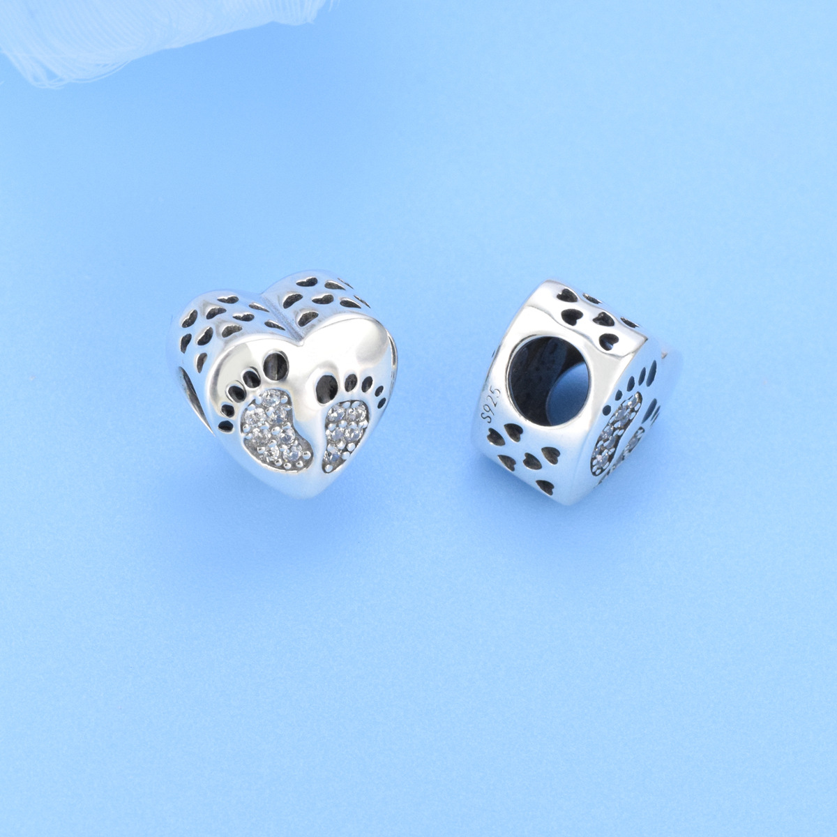 S925 sterling silver beaded DIY pendant love footprints - Image 3