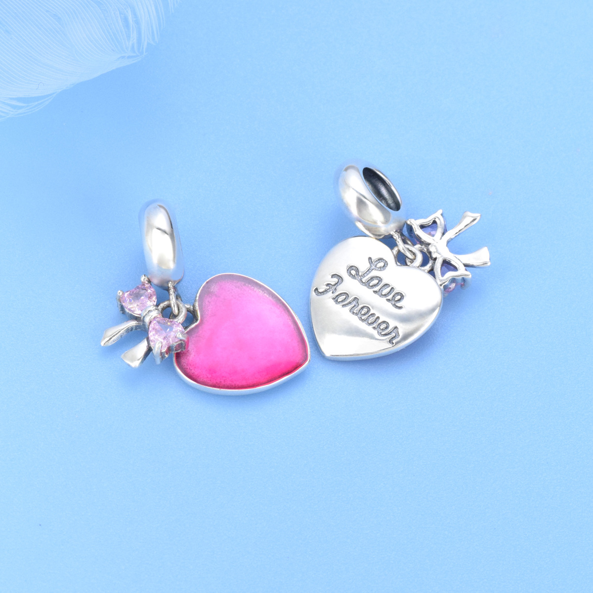 S925 sterling silver beaded DIY pendant pink bow - Image 3