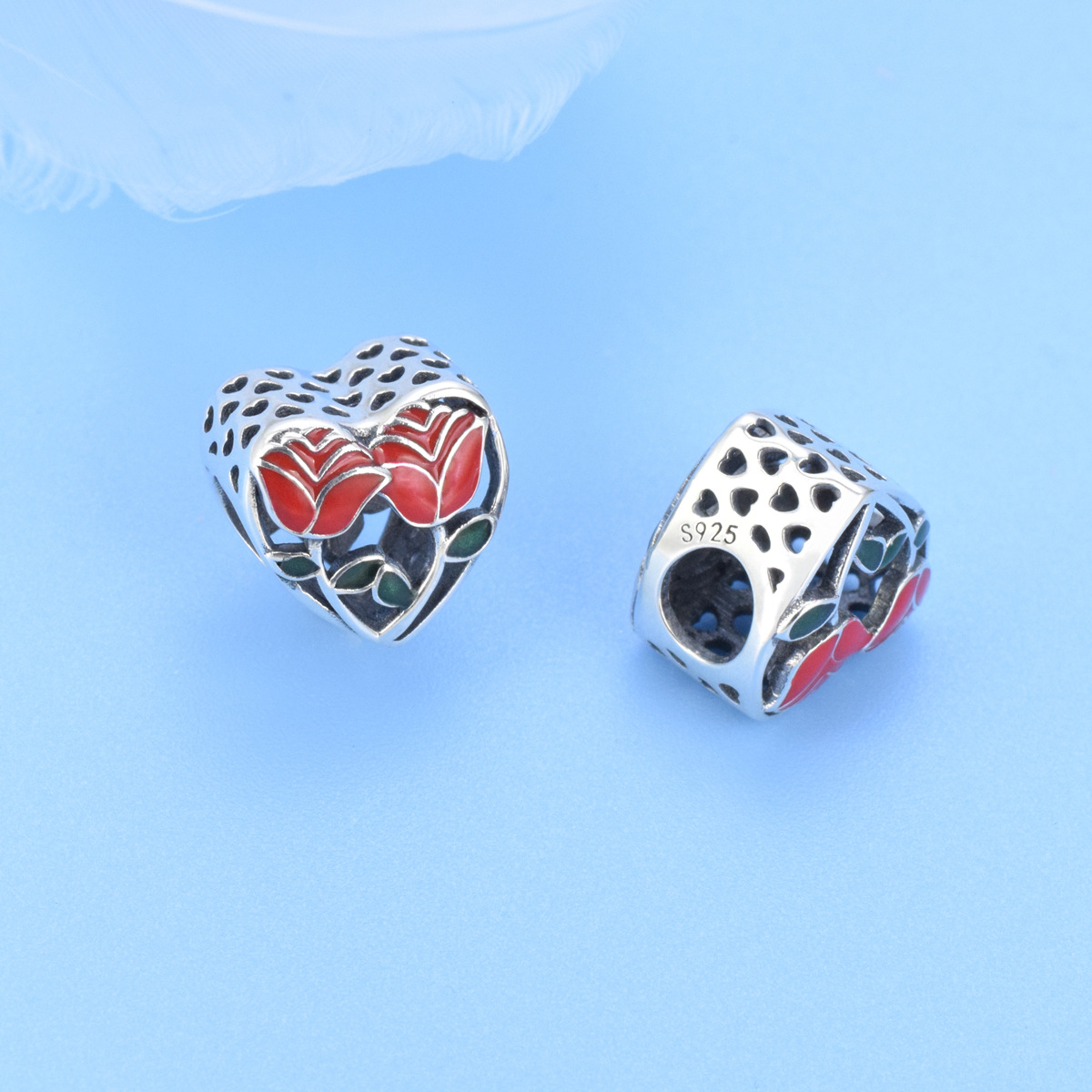 S925 sterling silver beaded DIY pendant red roses - Image 3