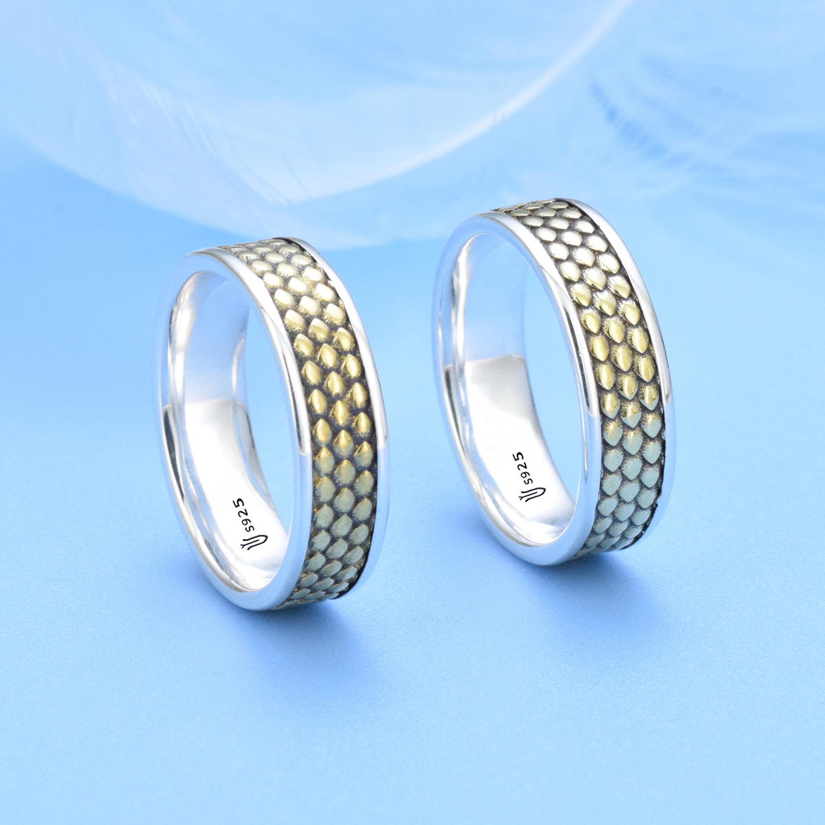 S925 sterling silver couple ring dragon scale pattern gold craft unisex - Image 3