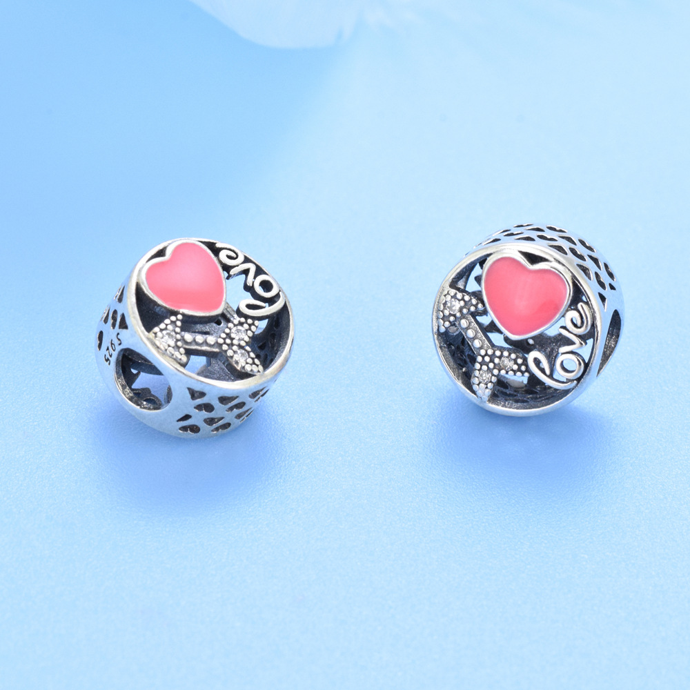 S925 sterling silver beaded DIY pendant hollow heart - Image 3