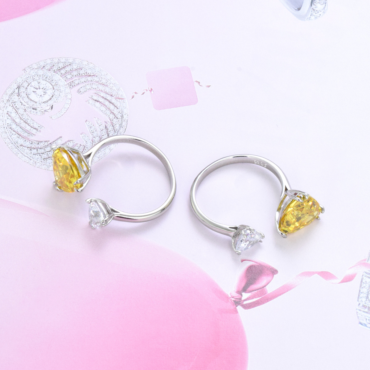 S925 sterling silver yellow ice flower cut zircon triangle ring adjustable - Image 4