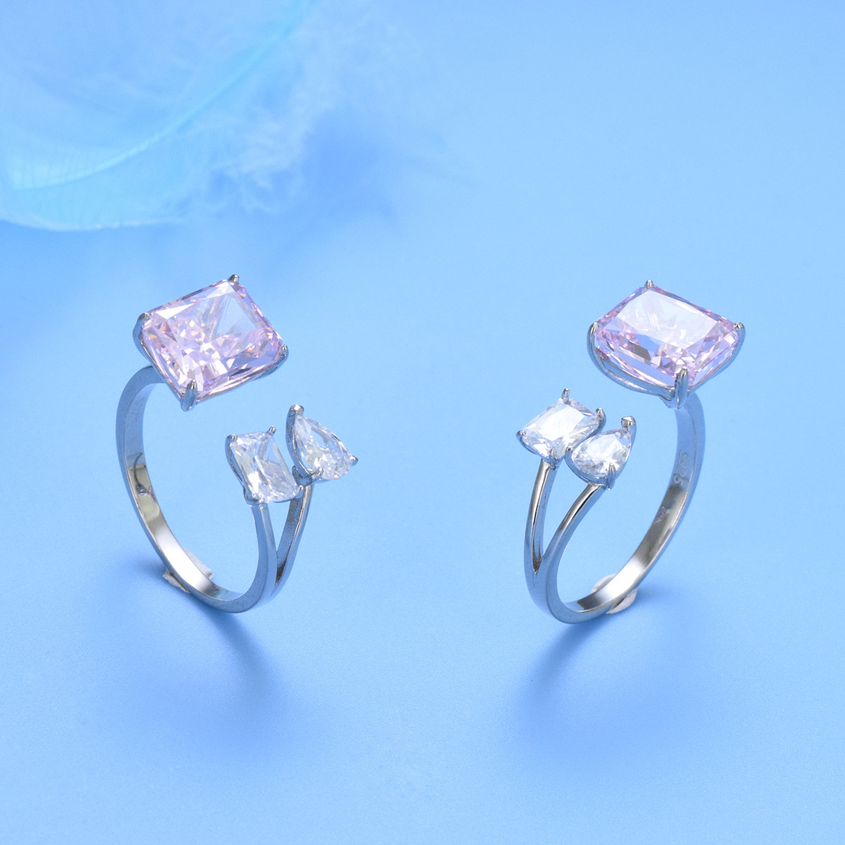 S925 silver pink square zircon ring fashion ring - Image 3