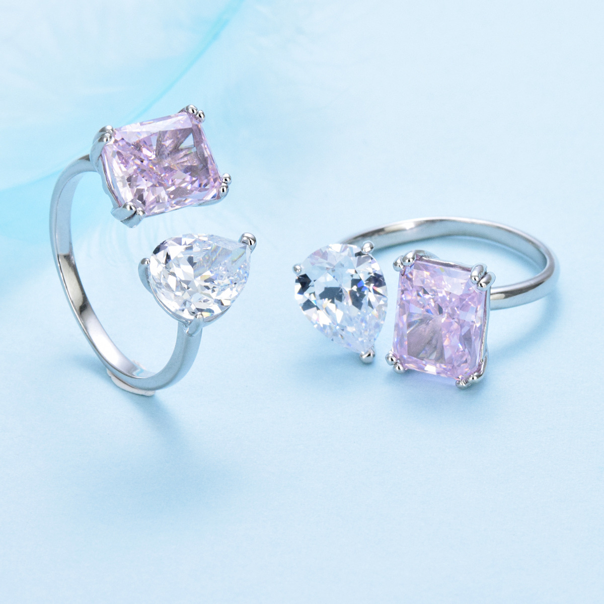 925 sterling silver pink square teardrop-shaped zircon inlaid open adjustable ring - Image 3