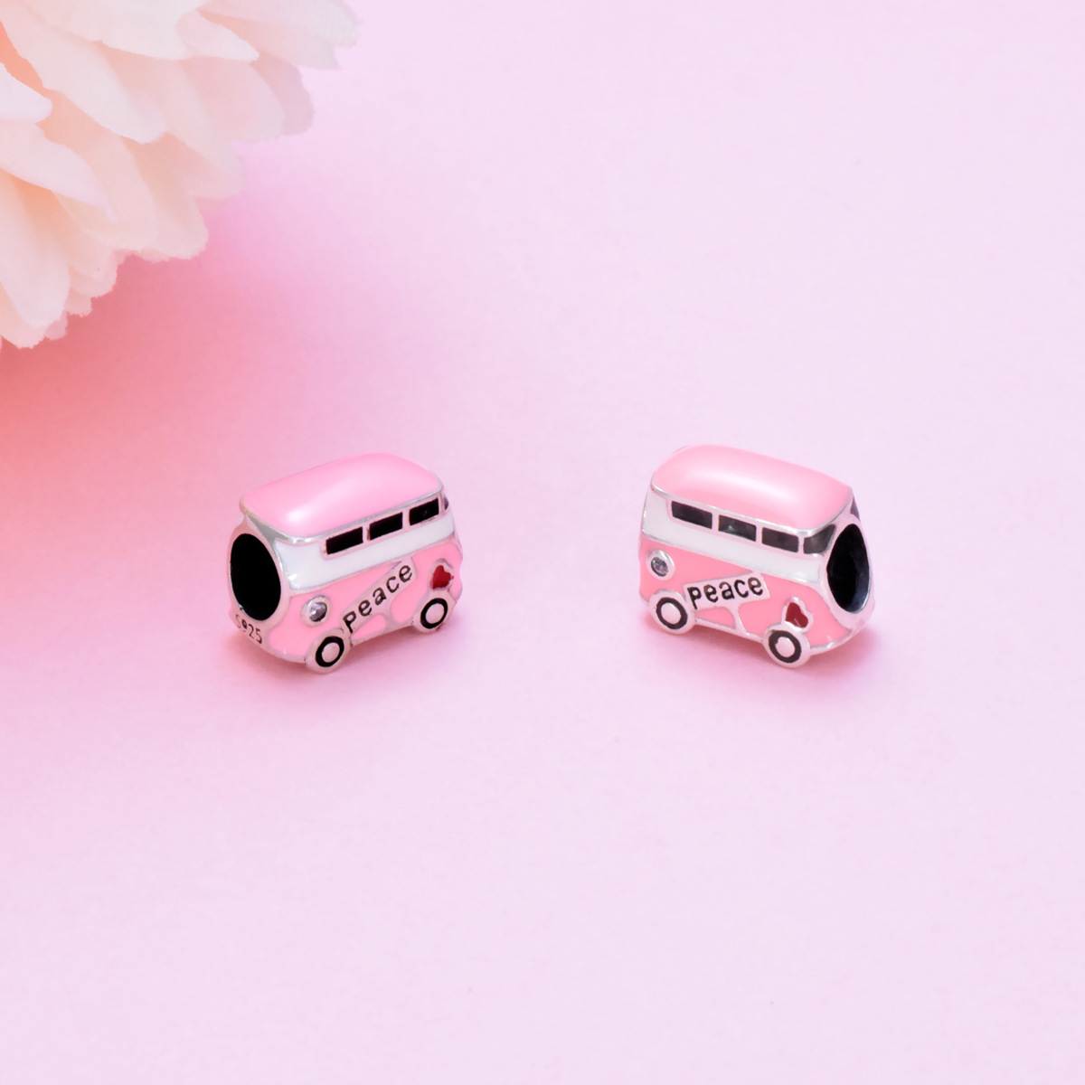 S925 pure silver bead DIY hanging pink bus - Image 3