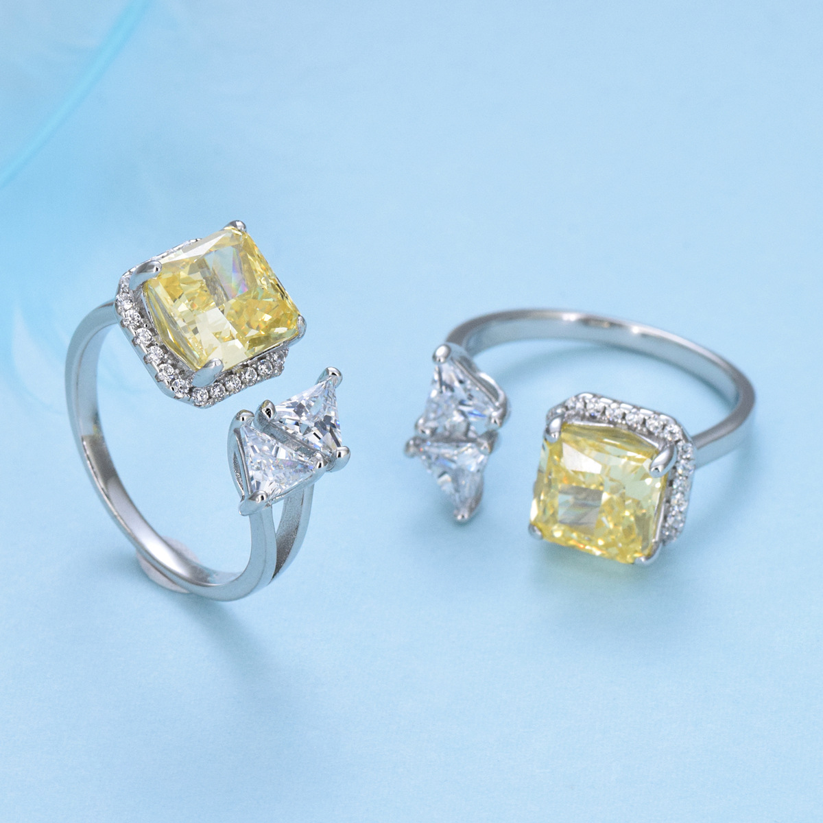 925 silver exaggerated index finger ring fashionable double triangle square yellow zircon ring - Image 3
