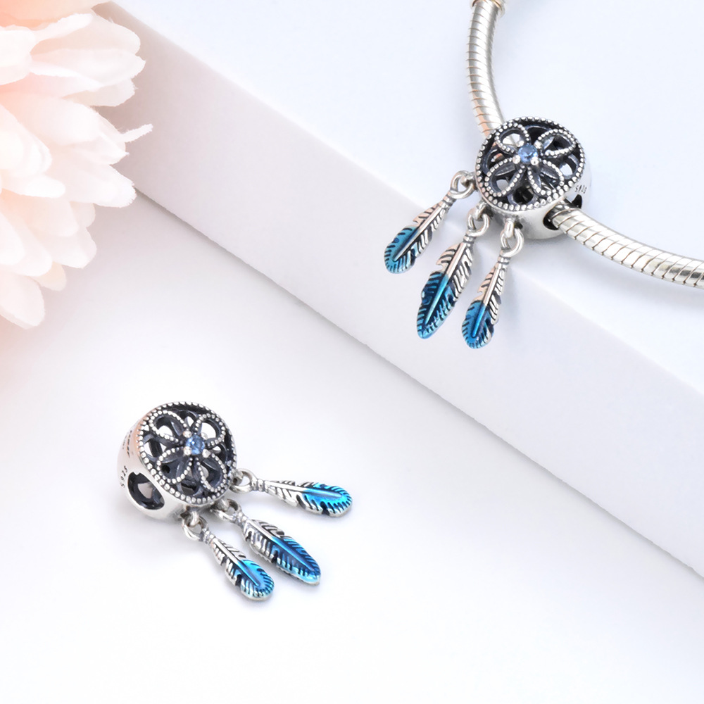 S925 sterling silver bead DIY pendant with blue feathers - Image 3