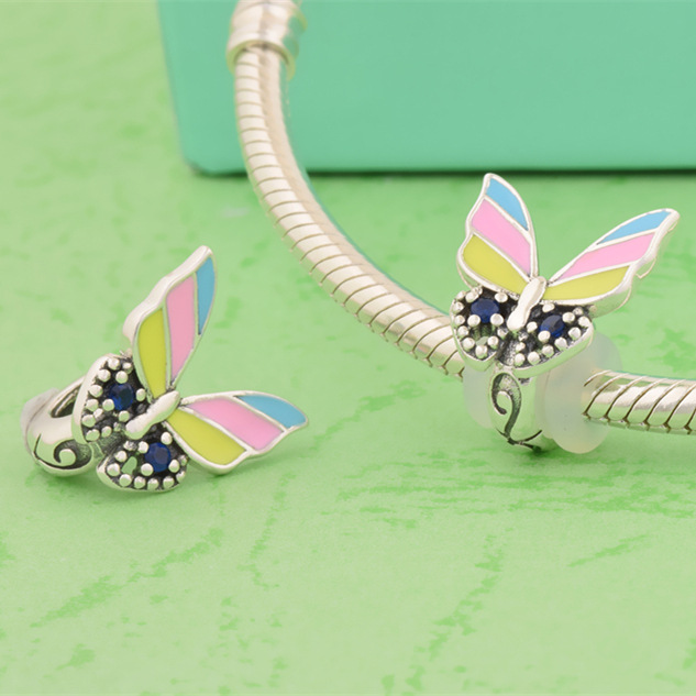 S925 sterling silver bead DIY pendant with colorful butterfly - Image 3