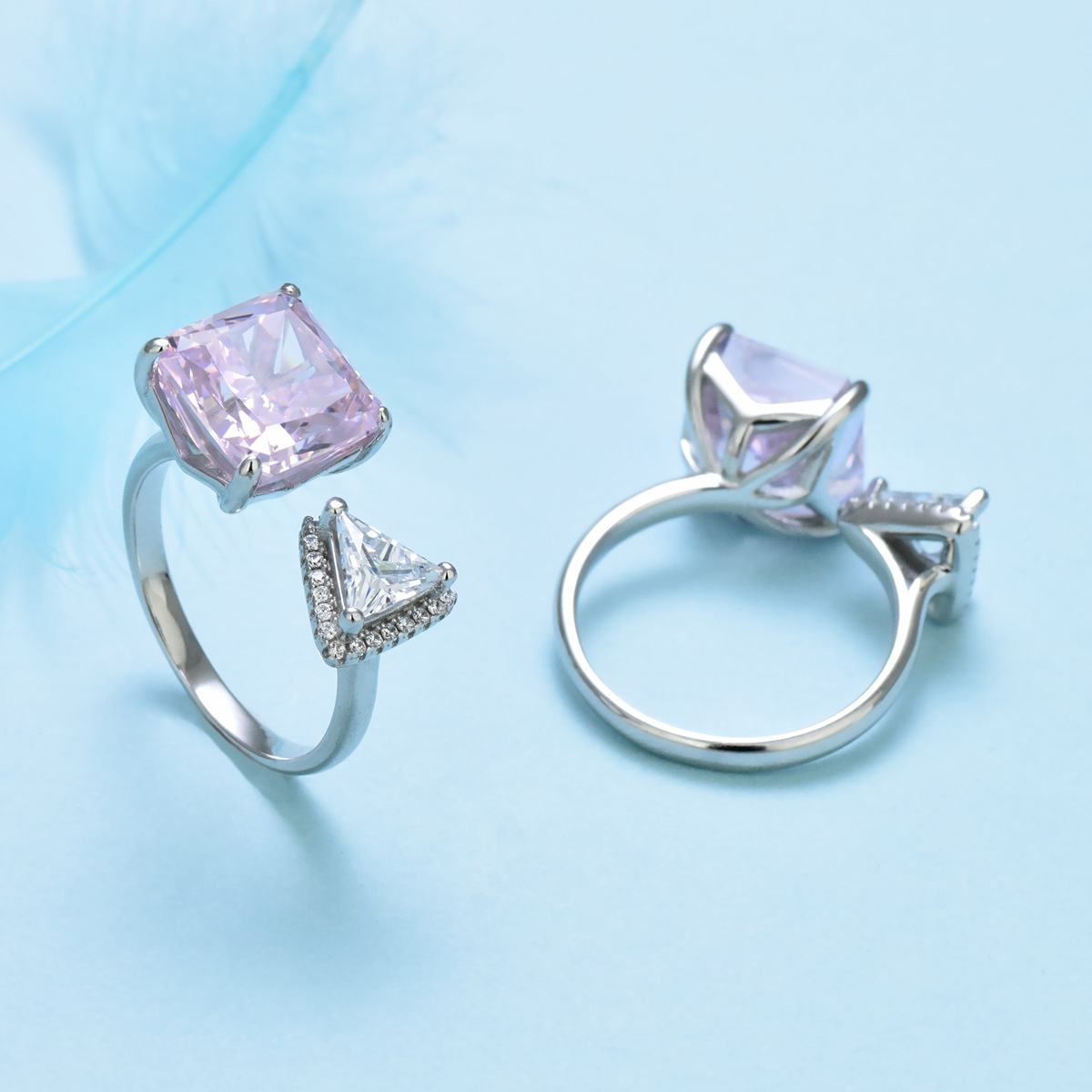 S925 sterling silver female ring set with square pink silver zircon - Image 3
